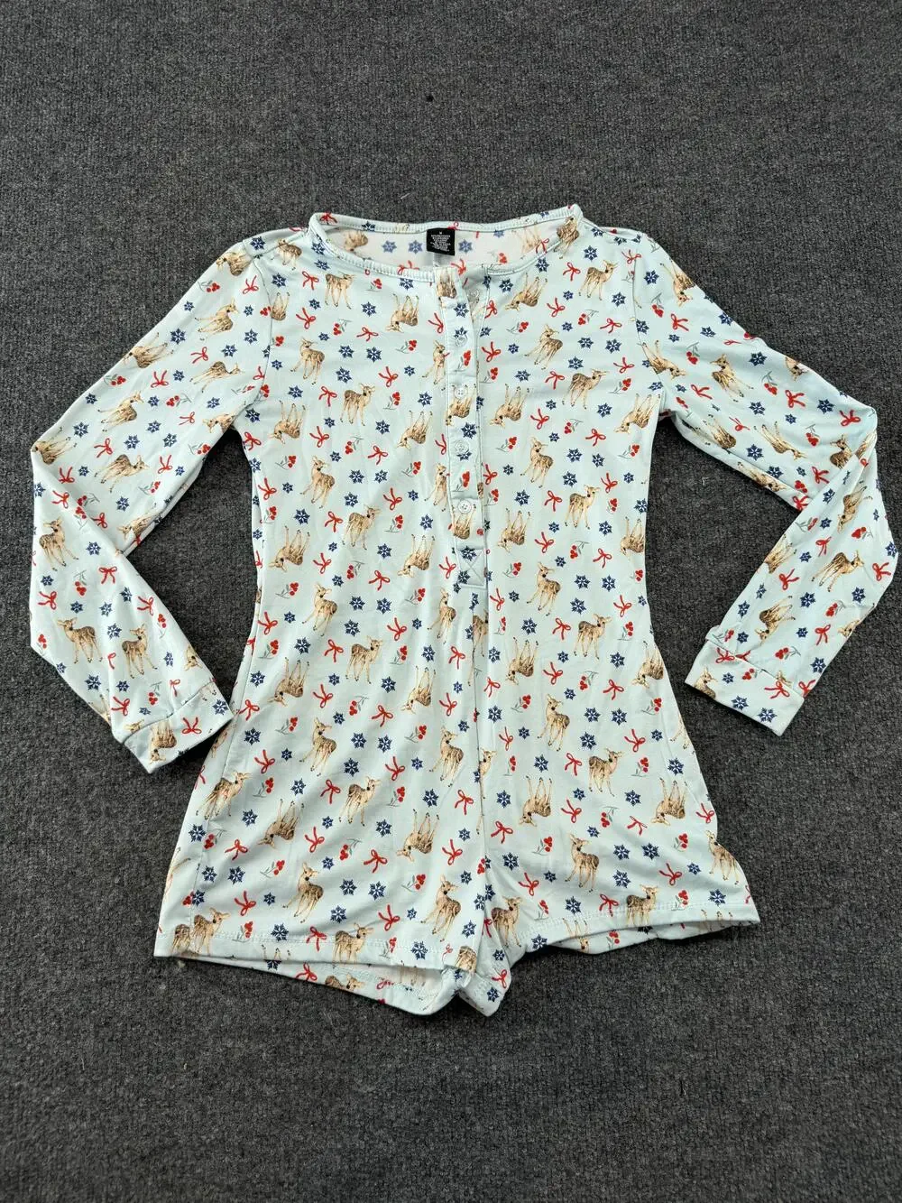 Pajama Romper Womens M Blue Deer Snowflake Christmas Fleece Button Long Sleeve